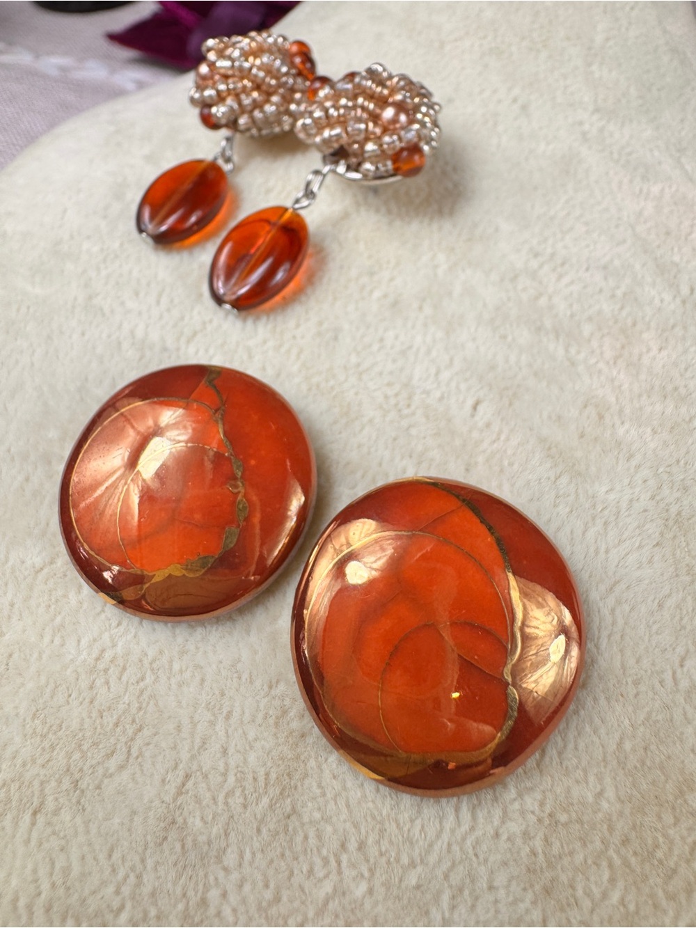 Vintage Fall Colors Orange Glass and Seed Bead Dangle Earrings Set